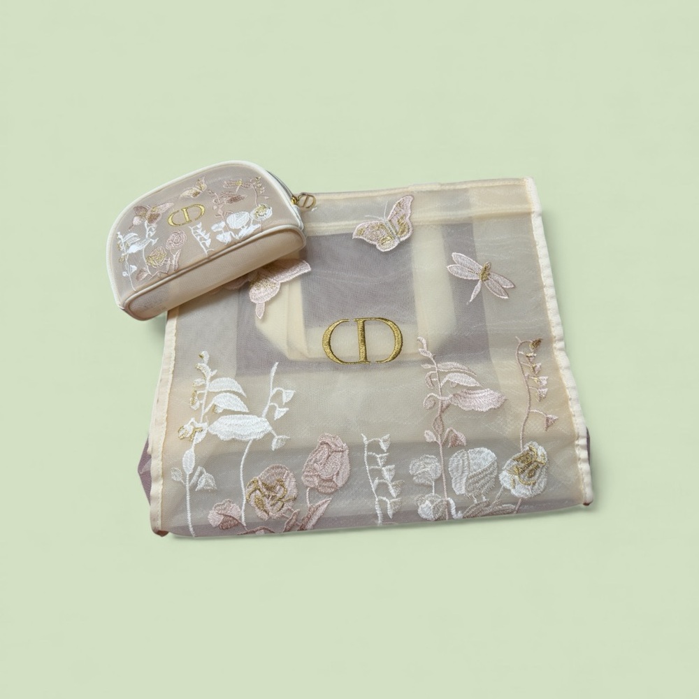 The Christian Dior Cream Embroidered Butterfly Mesh Tote Bag and Makeup pouch - Picture 2 of 11